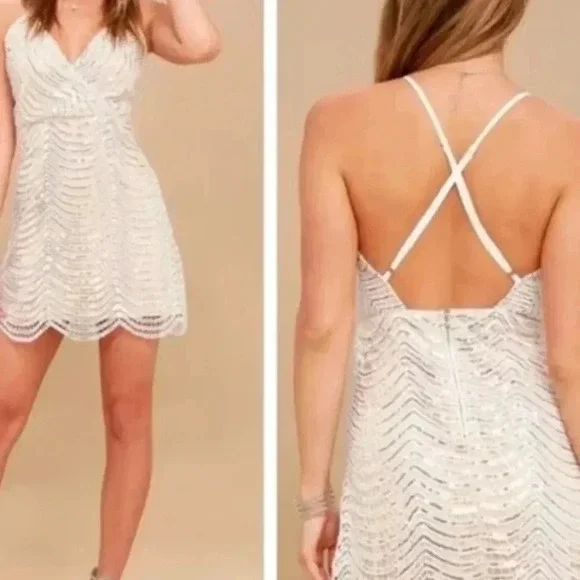 Lulus Tan and Silver Sequin CrissCross Adjustable Straps Mini‎ Dress Sz L - Picture 2 of 12